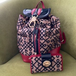 Spartina backpack & matching wallet. Red, navy & tan